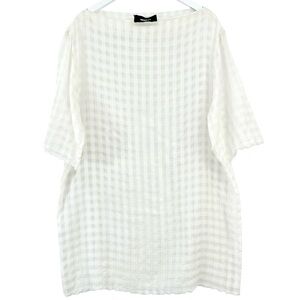 Yang Li White Plaid Semi Sheer Short Sleeve Oversized Silk Tunic Mini Dress